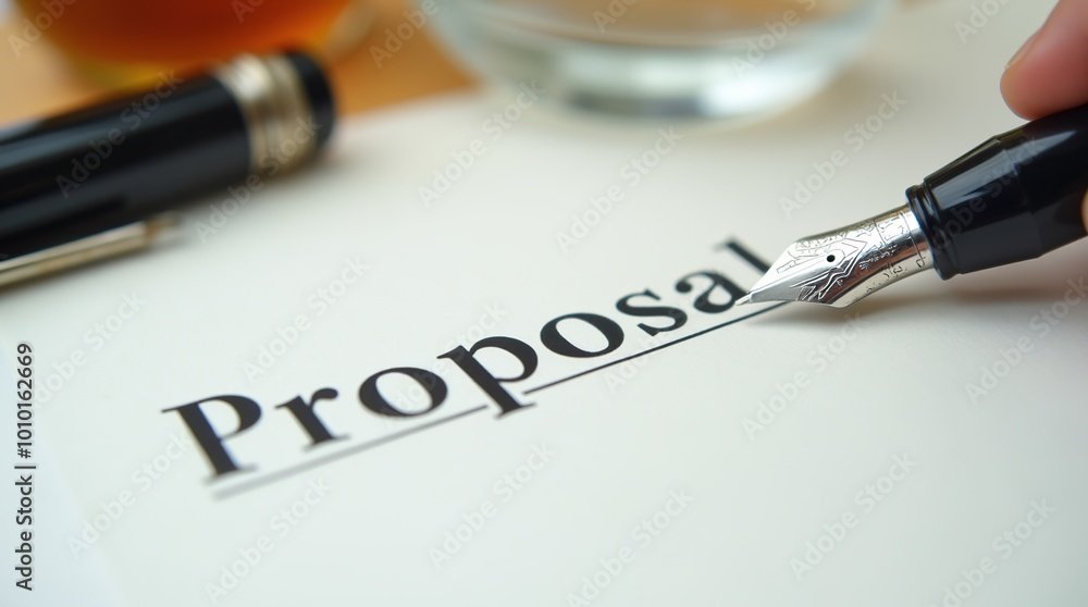 Fountain pen and proposal document on a desk with glass